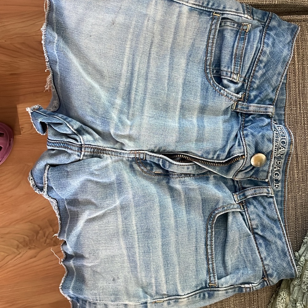 American Eagle Outfitters Blue Jean Shorts with Distressed Frayed Hem